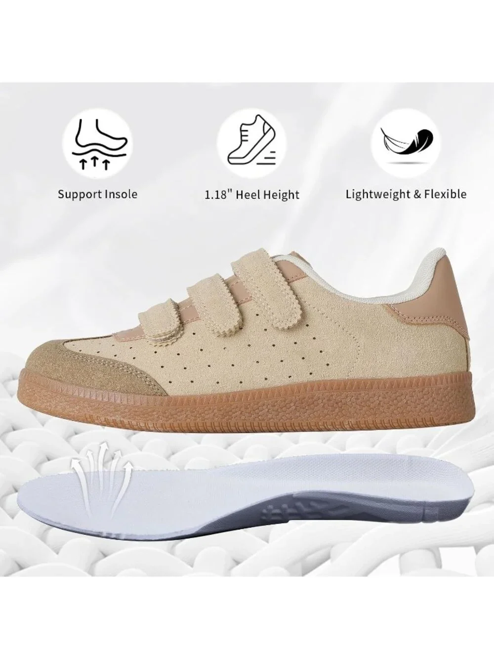 Women's Taupe Faux Suede Comfortable Retro with Hook and Loop Closure Sneaker